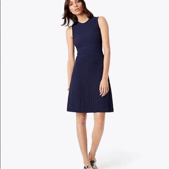 Tory Burch L LIAM Navy Knit Fit-and-Flare Textured Sleeves Dress - Picture 1 of 15